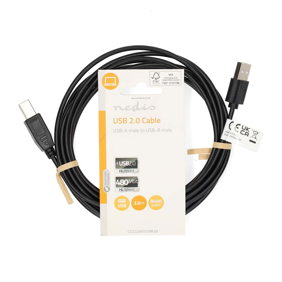 USB cable | USB 2.0 | USB-A Male | USB-B Male | 480 Mbps | Nickel Plated | 3.00 m | Round | PVC | Black | Label
