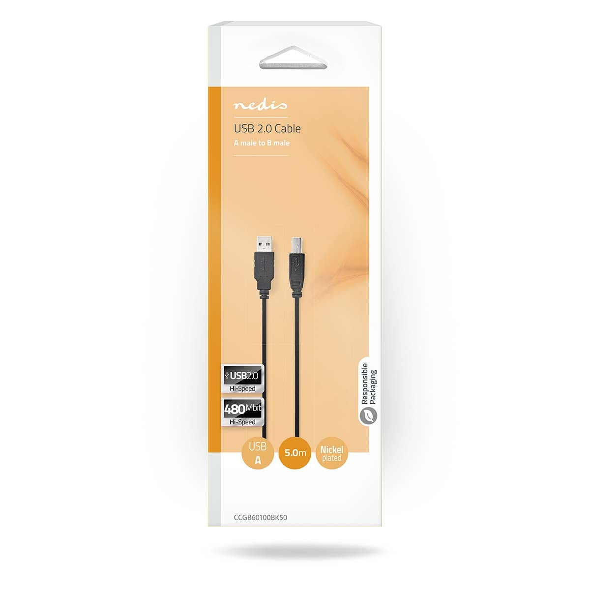 USB cable | USB 2.0 | USB-A Male | USB-B Male | 480 Mbps | Nickel Plated | 5.00 m | Round | PVC | Black | Blisters