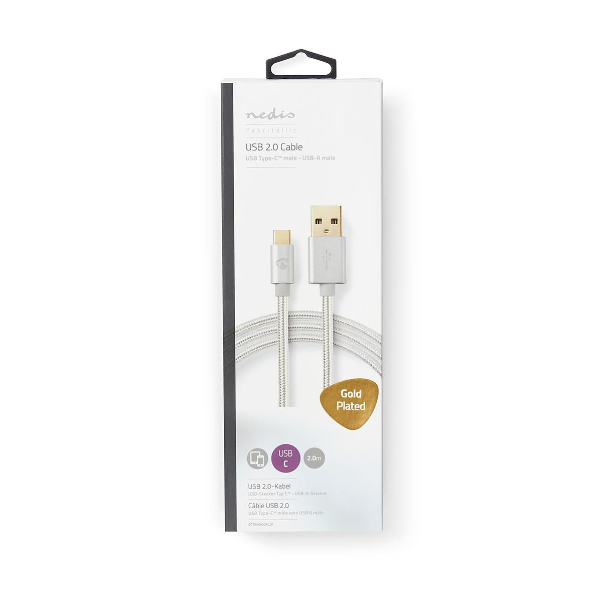 USB cable | USB 2.0 | USB-A Male | USB-C™ Male | 15 W| 480 Mbps | Gold Plated | 2.00 m | Round | Braided / Nylon | Aluminum | Carton with covered window