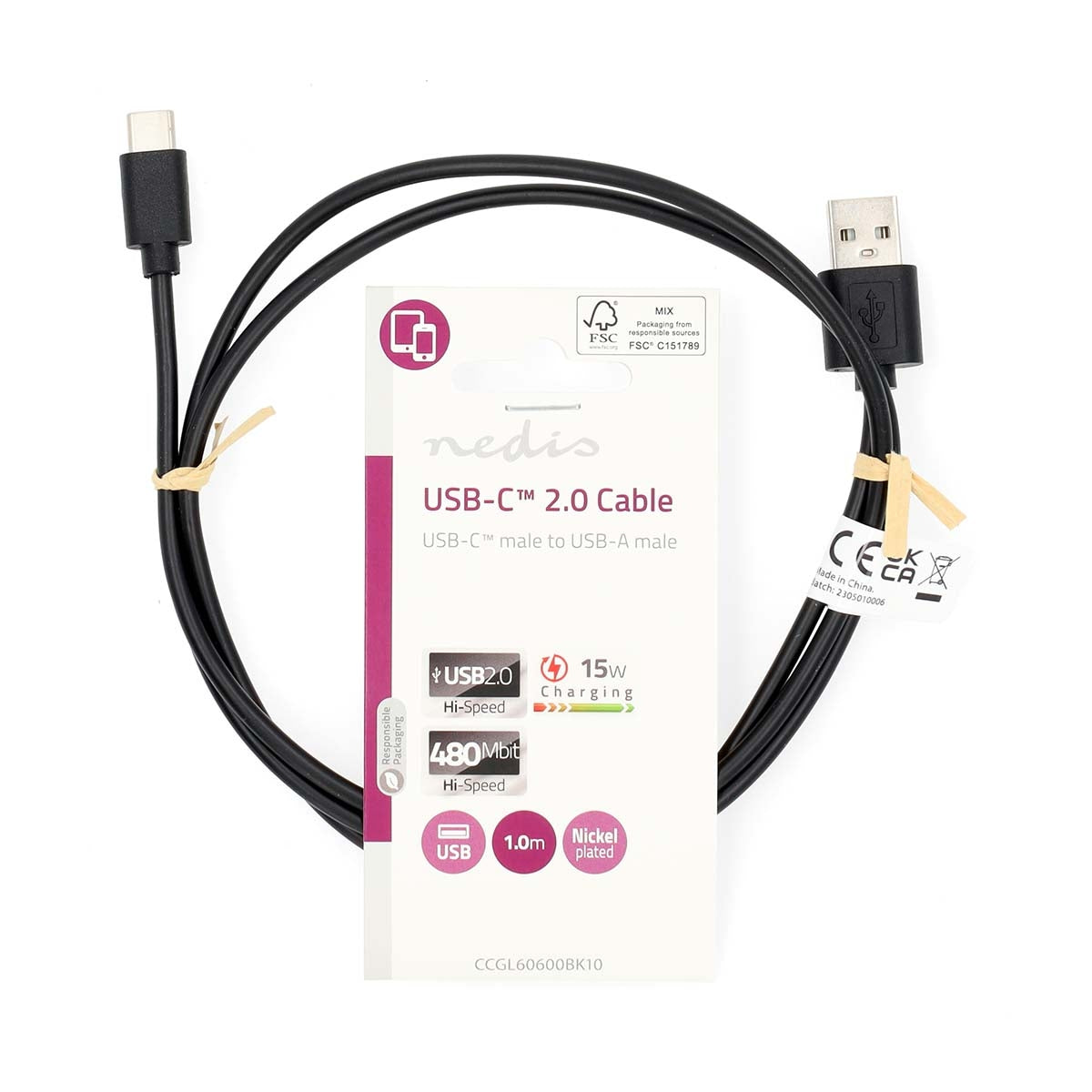 USB cable | USB 2.0 | USB-A Male | USB-C™ Male | 15 W| 480 Mbps | Nickel Plated | 1.00 m | Round | PVC | Black | Label