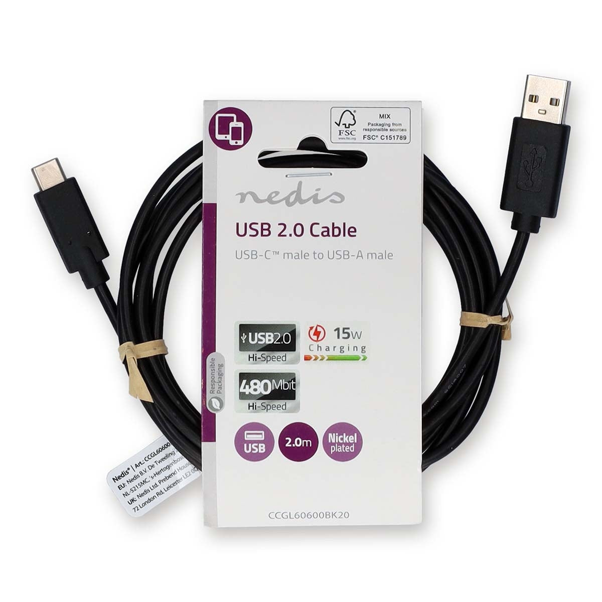 USB cable | USB 2.0 | USB-A Male | USB-C™ Male | 15 W| 480 Mbps | Nickel Plated | 2.00 m | Round | PVC | Black | Label