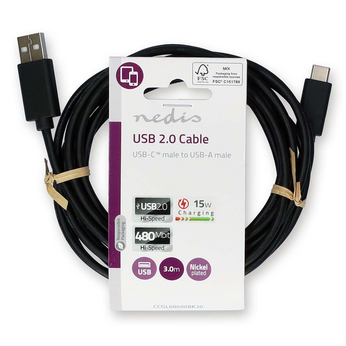 USB cable | USB 2.0 | USB-A Male | USB-C™ Male | 15 W| 480 Mbps | Nickel Plated | 3.00 m | Round | PVC | Black | Label
