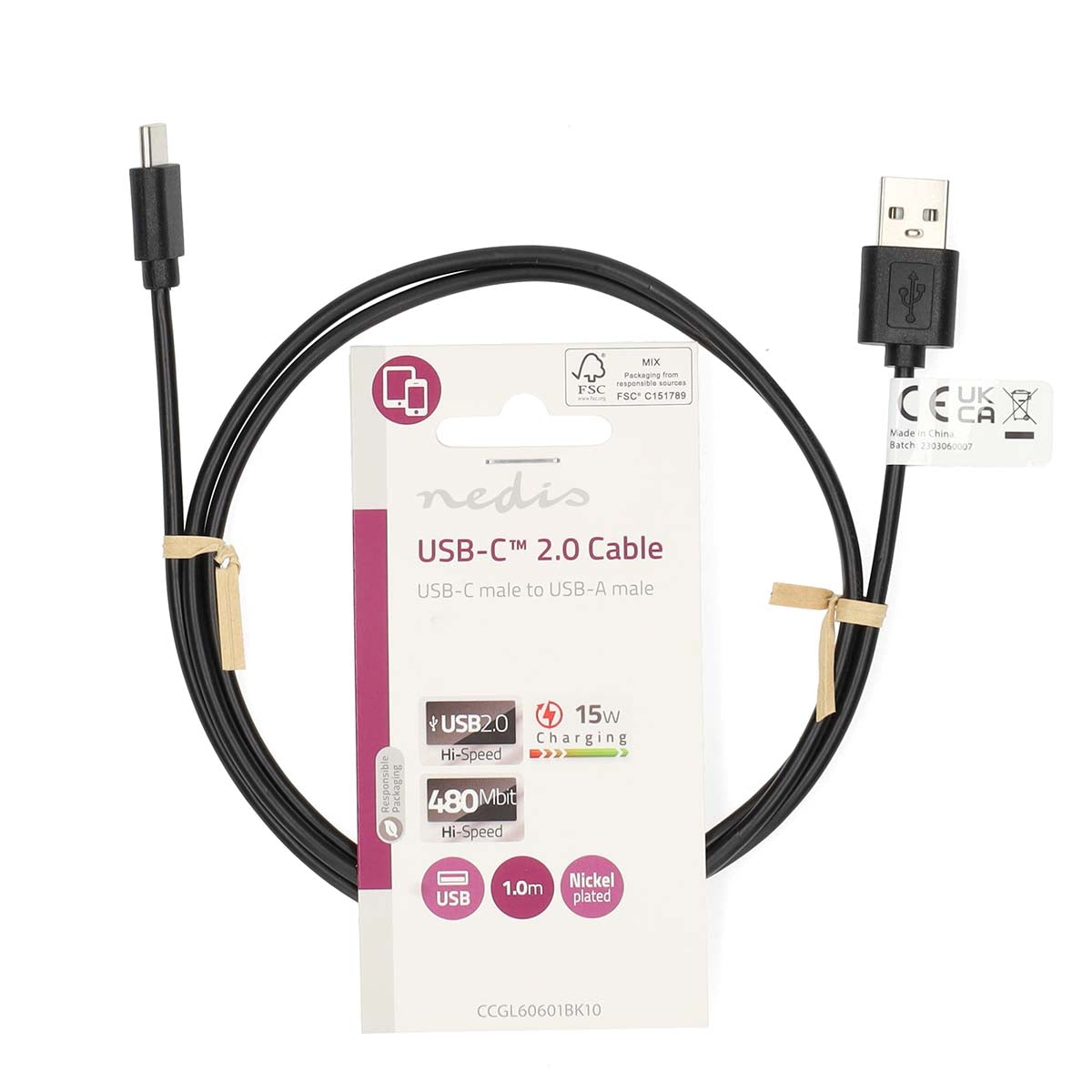 USB cable | USB 2.0 | USB-A Male | USB-C™ Male | 2.5 W| 480 Mbps | Nickel Plated | 1.00 m | Round | PVC | Black | Label