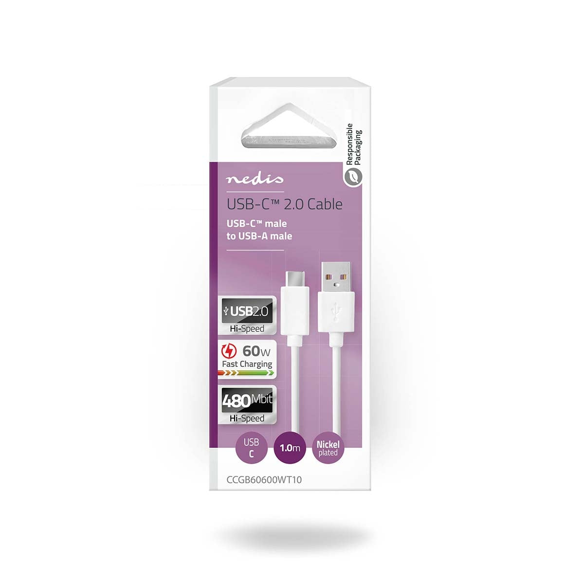 USB cable | USB 2.0 | USB-A Male | USB-C™ Male | 60 W | 480 Mbps | Nickel Plated | 1.00 m | Round | PVC | White | Box