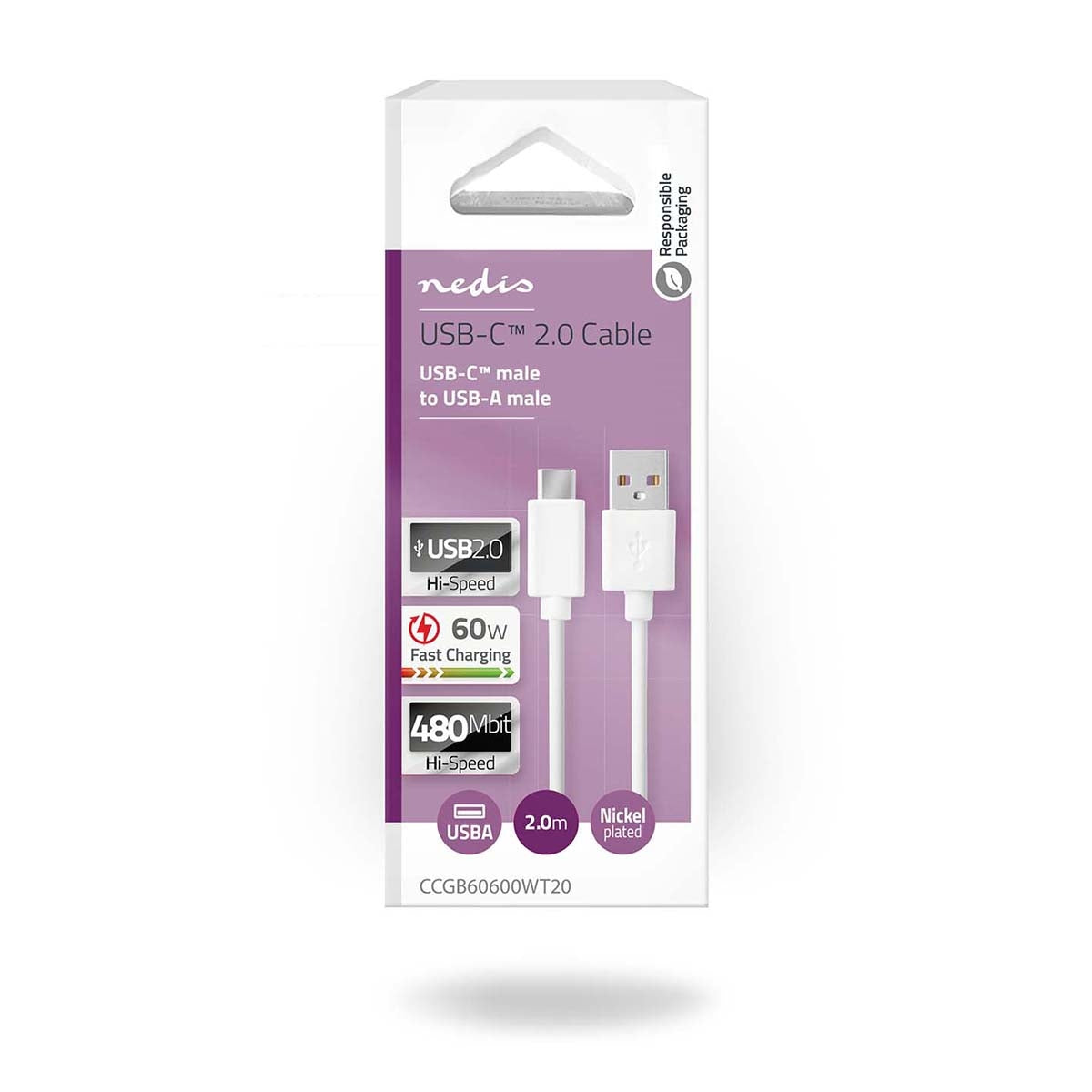 USB cable | USB 2.0 | USB-A Male | USB-C™ Male | 60 W | 480 Mbps | Nickel Plated | 2.00 m | Round | PVC | White | Box
