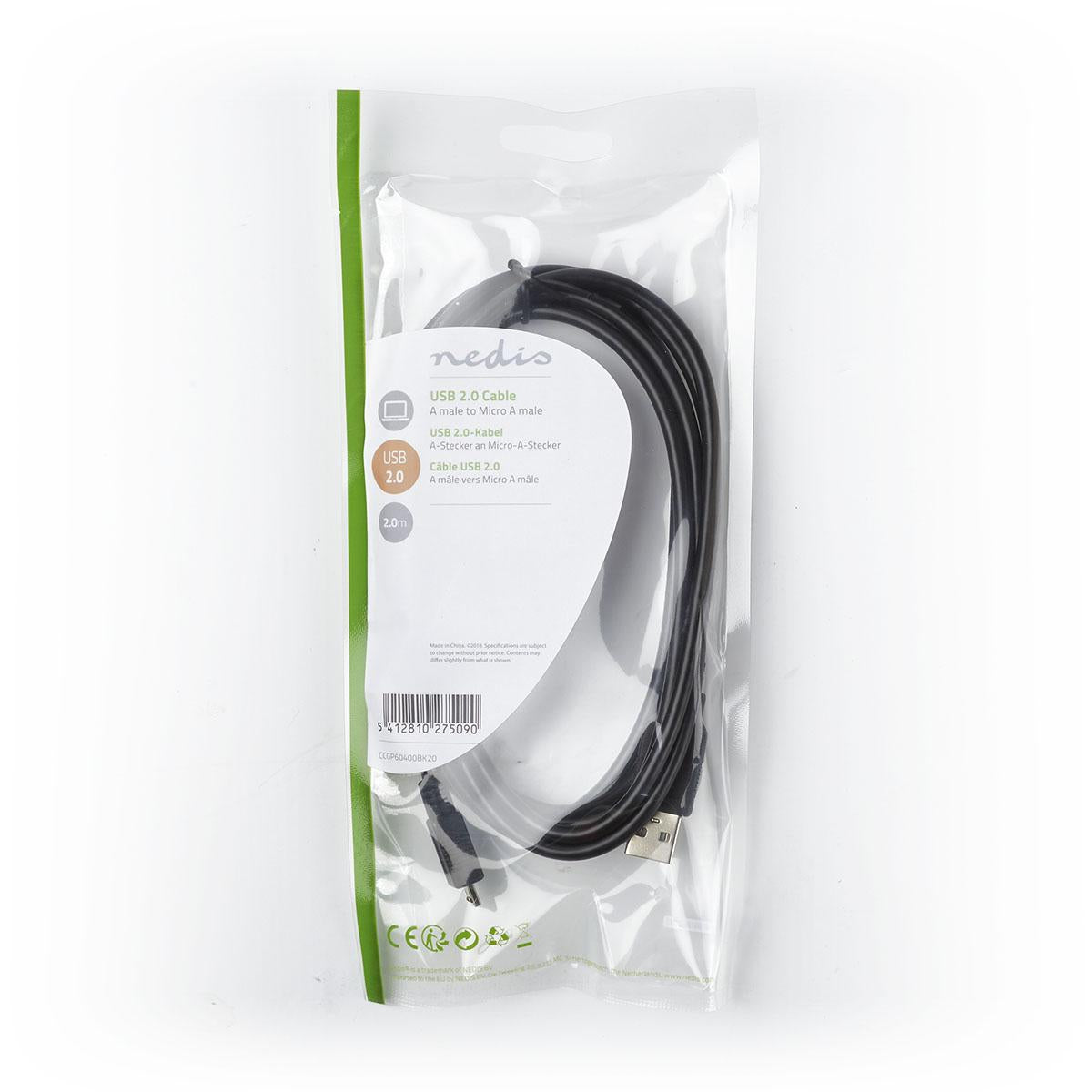 USB cable | USB 2.0 | USB-A Male | USB Micro-A | 480 Mbps | Nickel Plated | 2.00 m | Round | PVC | Black | Plastic bag