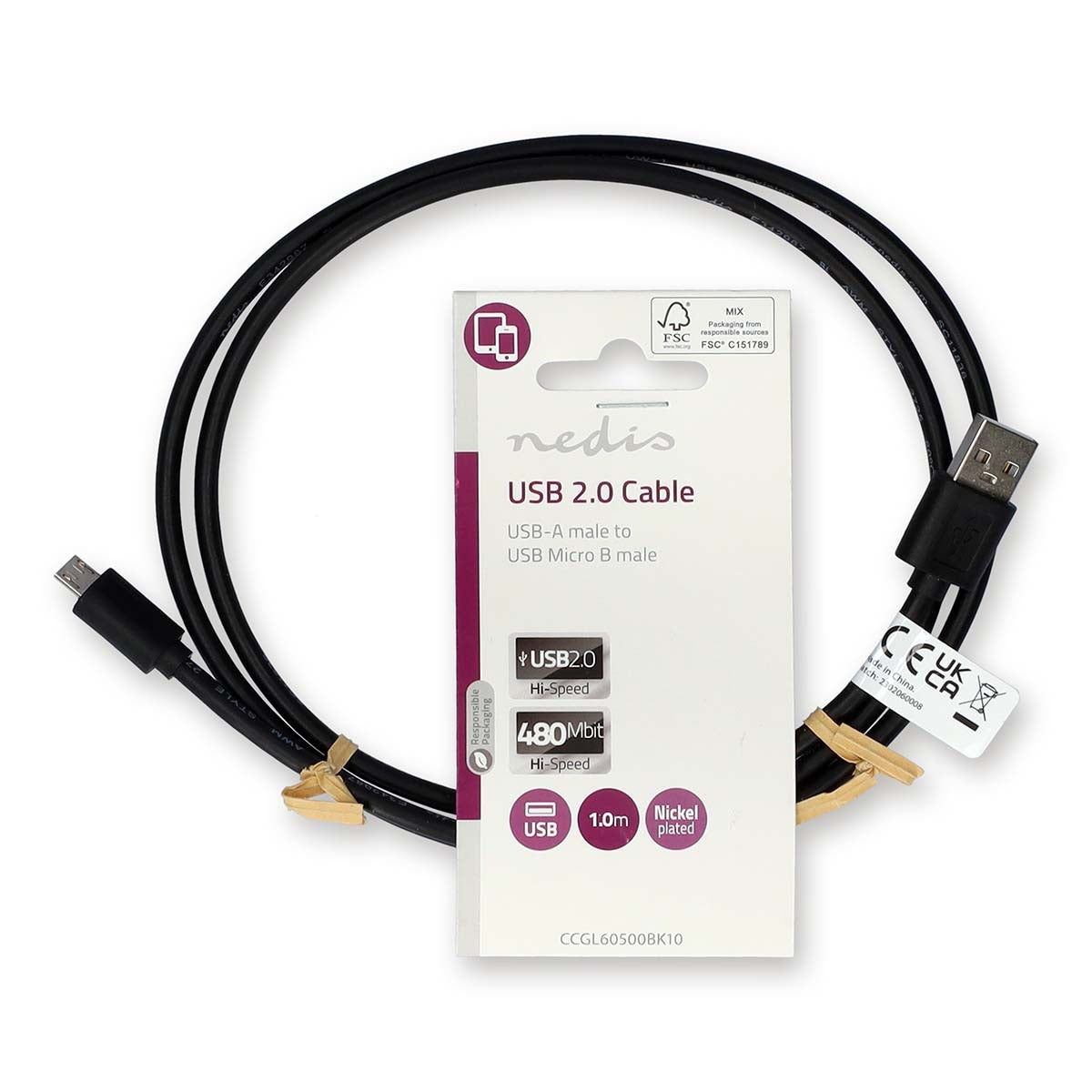 USB cable | USB 2.0 | USB-A Male | USB Micro-B Male | 10 W| 480 Mbps | Nickel Plated | 1.00 m | Round | PVC | Black | Label