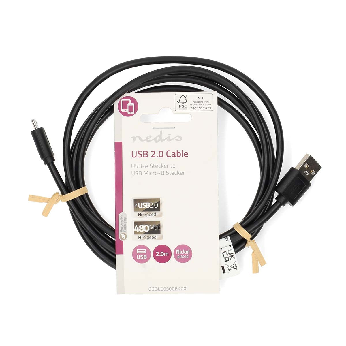 USB cable | USB 2.0 | USB-A Male | USB Micro-B Male | 11 W| 480 Mbps | Nickel Plated | 2.00 m | Round | PVC | Black | Label