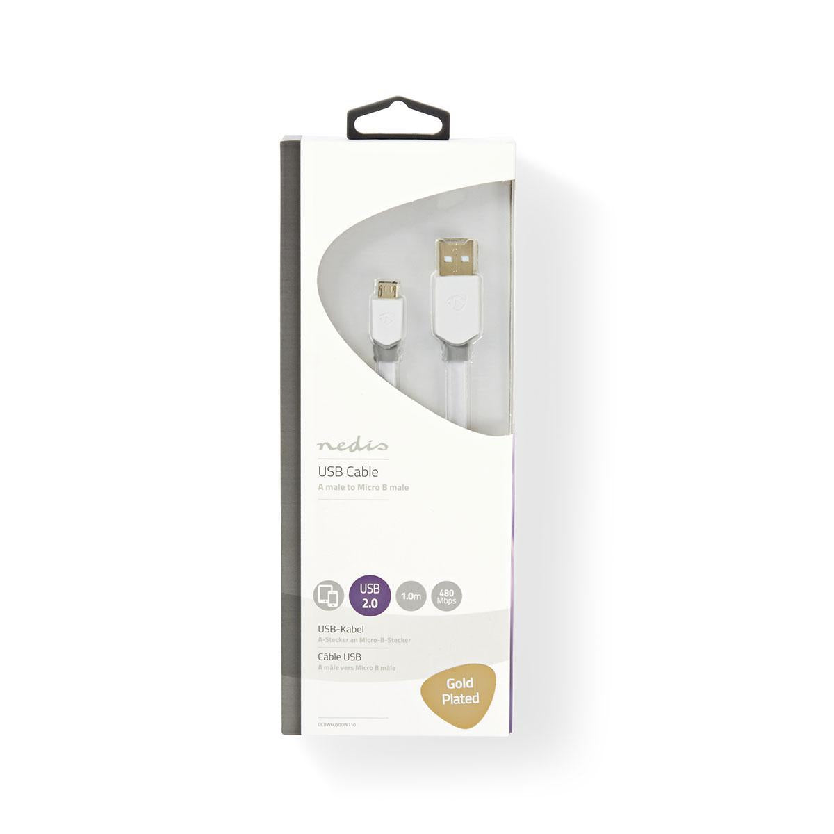 USB cable | USB 2.0 | USB-A Male | USB Micro-B Male | 480 Mbps | Gold Plated | 1.00 m | Flat | PVC | White | Cardboard box with window