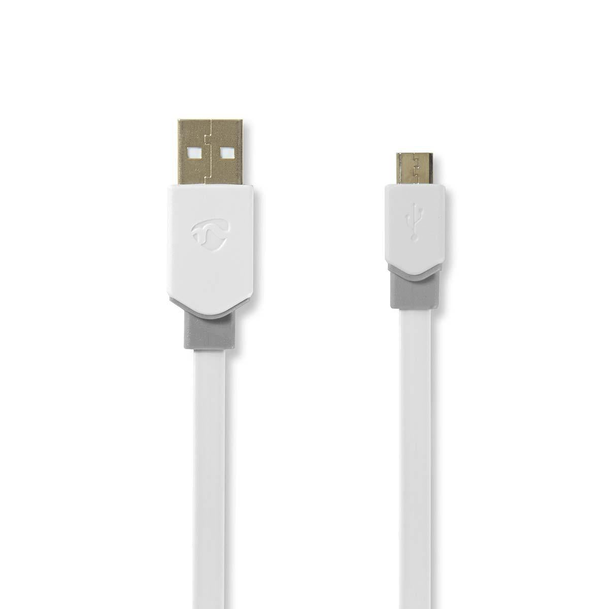 USB cable | USB 2.0 | USB-A Male | USB Micro-B Male | 480 Mbps | Gold Plated | 1.00 m | Flat | PVC | White | Plastic bag