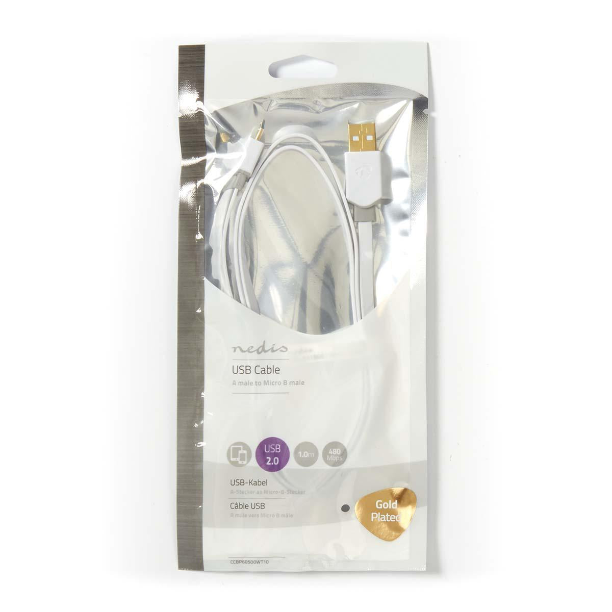 USB cable | USB 2.0 | USB-A Male | USB Micro-B Male | 480 Mbps | Gold Plated | 1.00 m | Flat | PVC | White | Plastic bag
