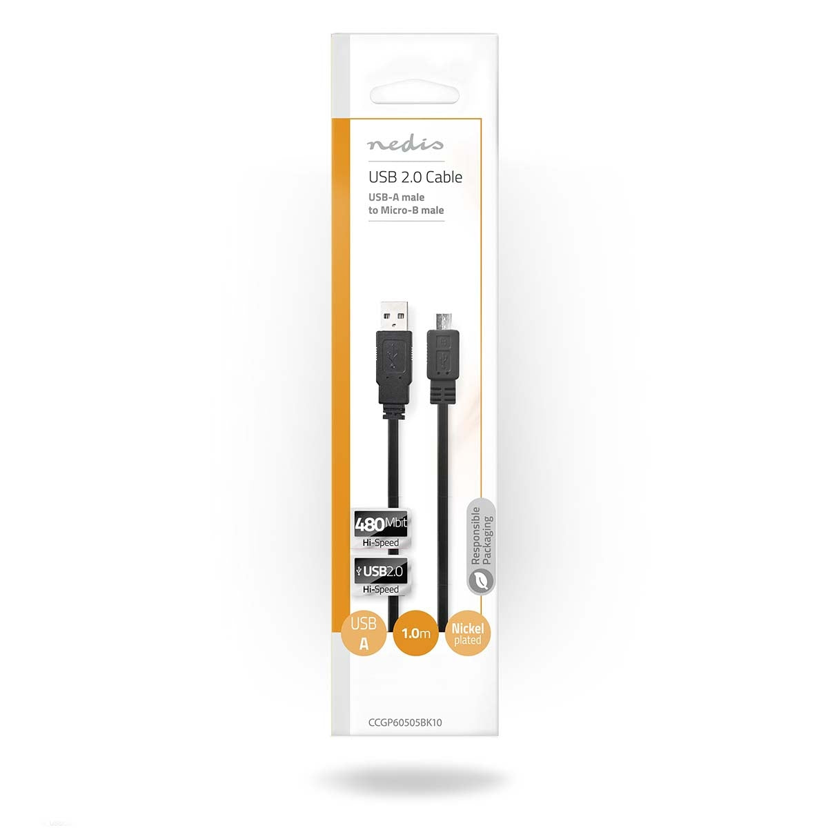 USB cable | USB 2.0 | USB-A Male | USB Micro-B Male | 480 Mbps | Nickel Plated | 1.00 m | Flat | PVC | Black | Envelope