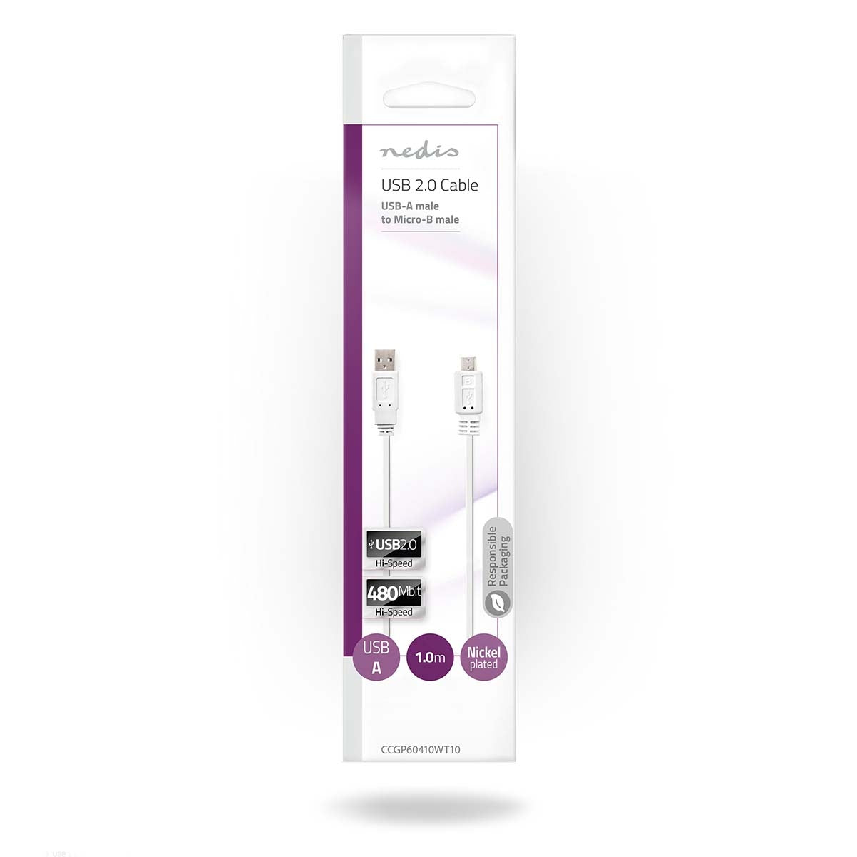 USB cable | USB 2.0 | USB-A Male | USB Micro-B Male | 480 Mbps | Nickel Plated | 1.00 m | Flat | PVC | White | Plastic bag