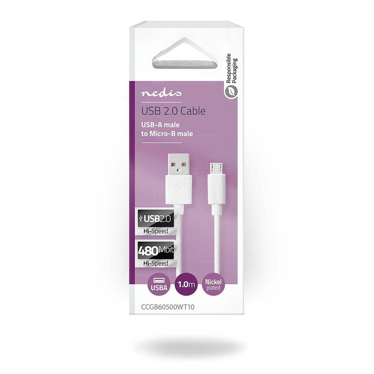 USB cable | USB 2.0 | USB-A Male | USB Micro-B Male | 480 Mbps | Nickel Plated | 1.00 m | Round | PVC | White | Box