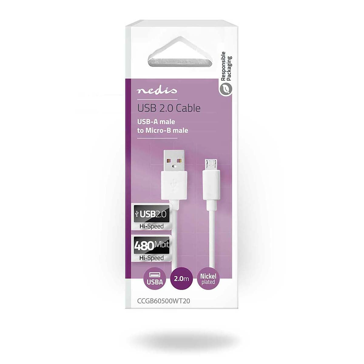 USB cable | USB 2.0 | USB-A Male | USB Micro-B Male | 480 Mbps | Nickel Plated | 2.00 m | Round | PVC | White | Box