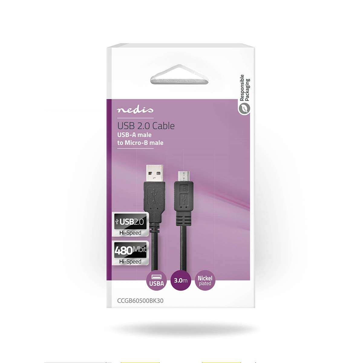 USB cable | USB 2.0 | USB-A Male | USB Micro-B Male | 480 Mbps | Nickel Plated | 3.00 m | Round | PVC | Black | Box