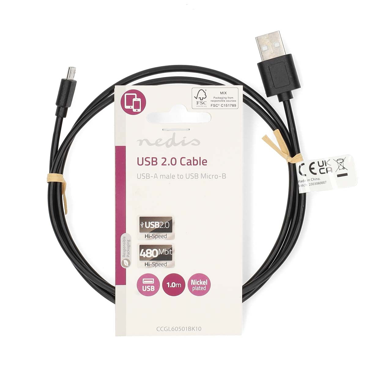 USB cable | USB 2.0 | USB-A Male | USB Micro-B Male | 7.5 W| 480 Mbps | Nickel Plated | 1.00 m | Round | PVC | Black | Label