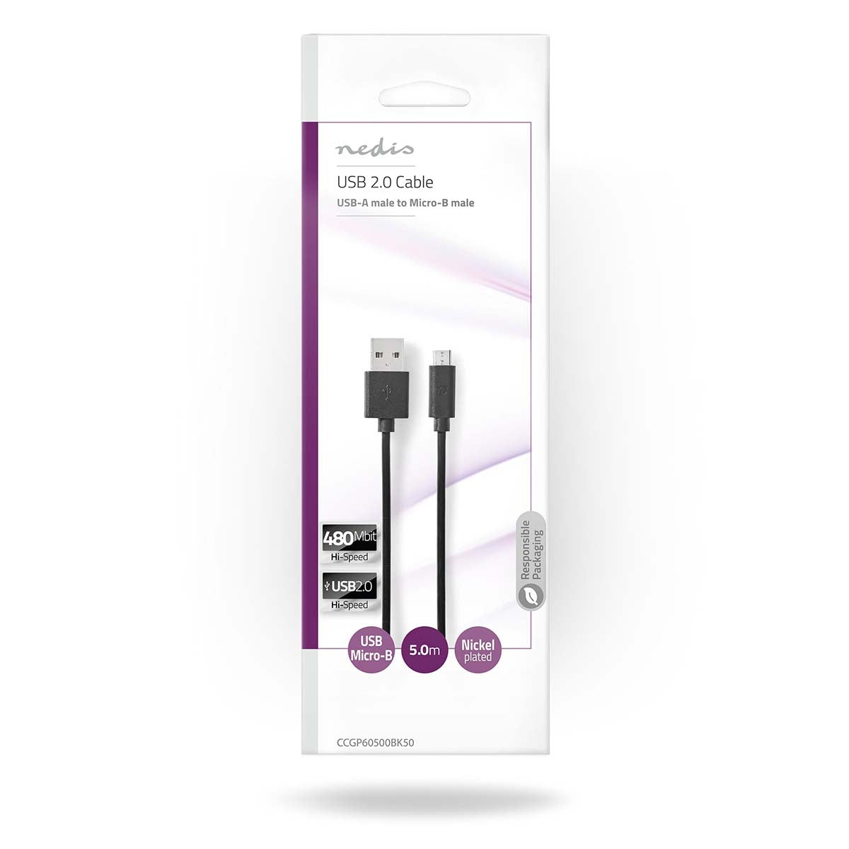 USB cable | USB 2.0 | USB-A Male | USB Micro-B Male | 9 W| 480 Mbps | Nickel Plated | 5.00 m | Round | PVC | Black | Plastic bag