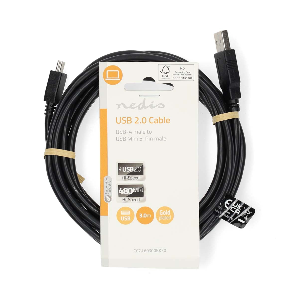 USB cable | USB 2.0 | USB-A Male | USB Mini-B 5 pin Male | 480 Mbps | Nickel Plated | 3.00 m | Round | PVC | Black | Label