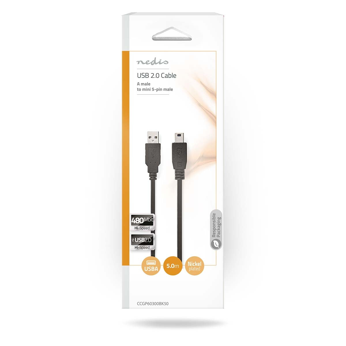 USB cable | USB 2.0 | USB-A Male | USB Mini-B 5 pin Male | 480 Mbps | Nickel Plated | 5.00 m | Round | PVC | Black | Envelope