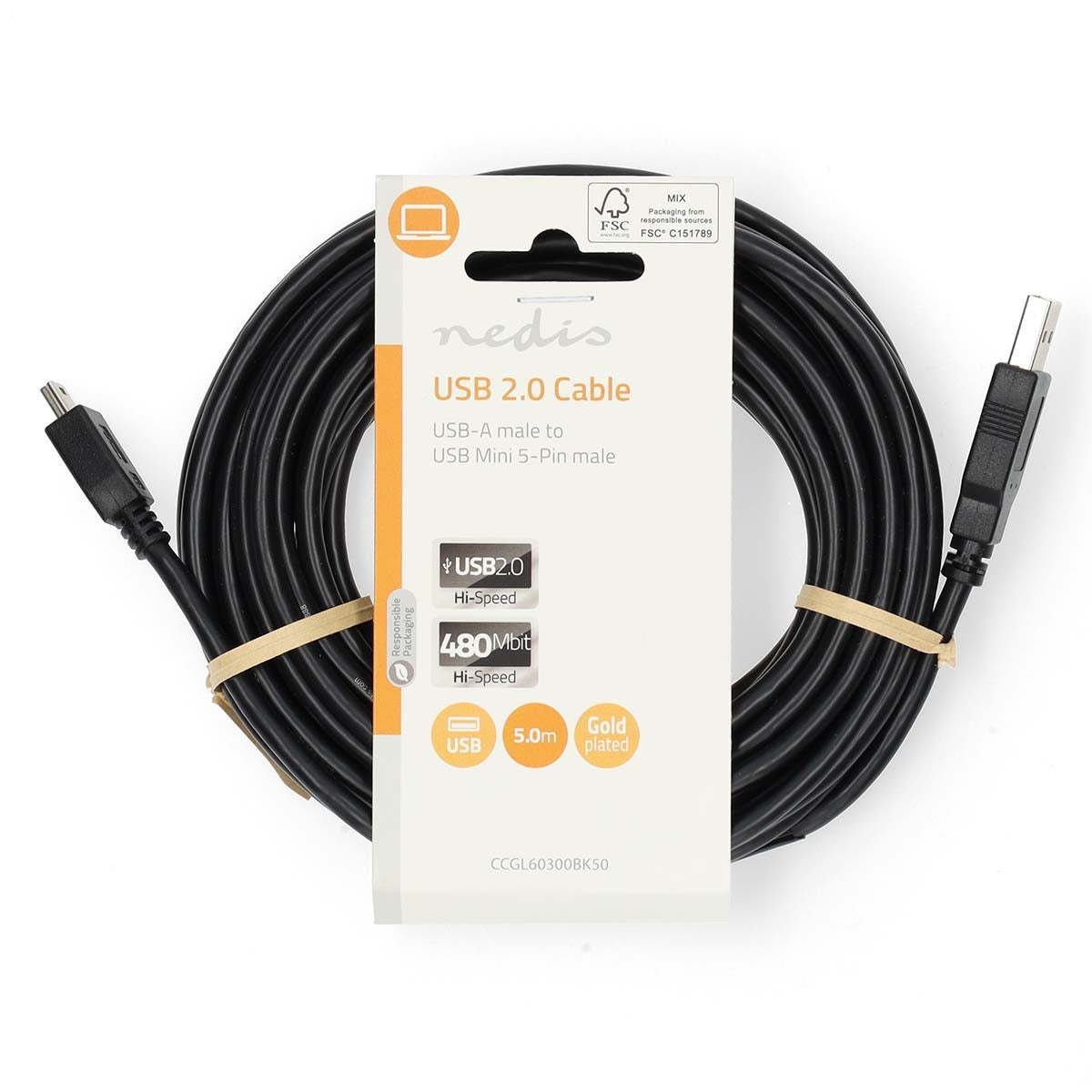 USB cable | USB 2.0 | USB-A Male | USB Mini-B 5 pin Male | 480 Mbps | Nickel Plated | 5.00 m | Round | PVC | Black | Label