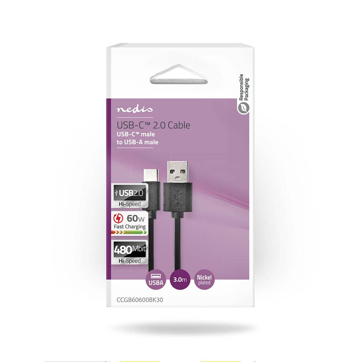 USB cable | USB 2.0 | USB-C™ Male | USB-A Male | 60 W | 480 Mbps | Nickel Plated | 3.00 m | Round | PVC | Black | Box