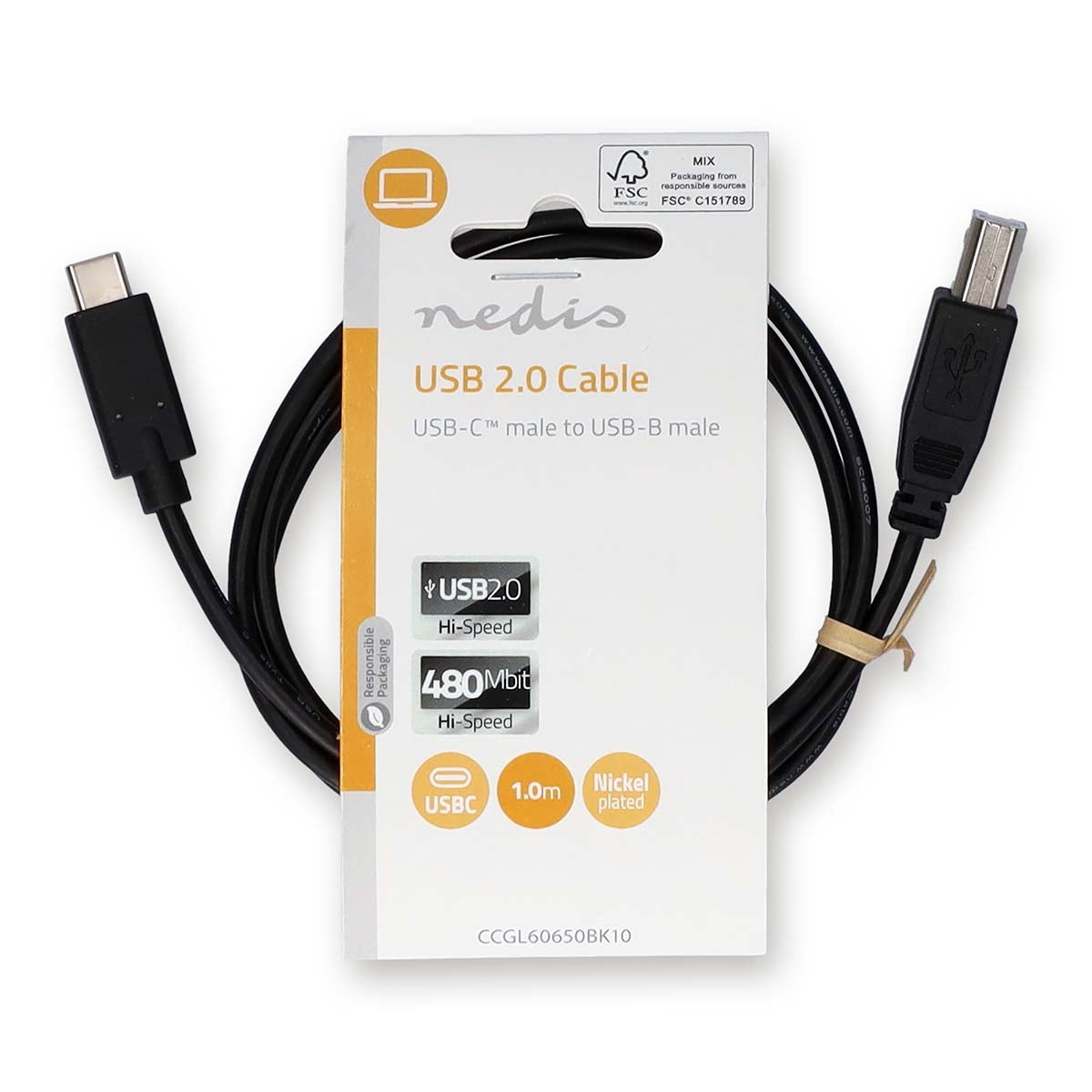 USB cable | USB 2.0 | USB-C™ Male | USB-B Male | 480 Mbps | Nickel Plated | 1.00 m | Round | PVC | Black | Label