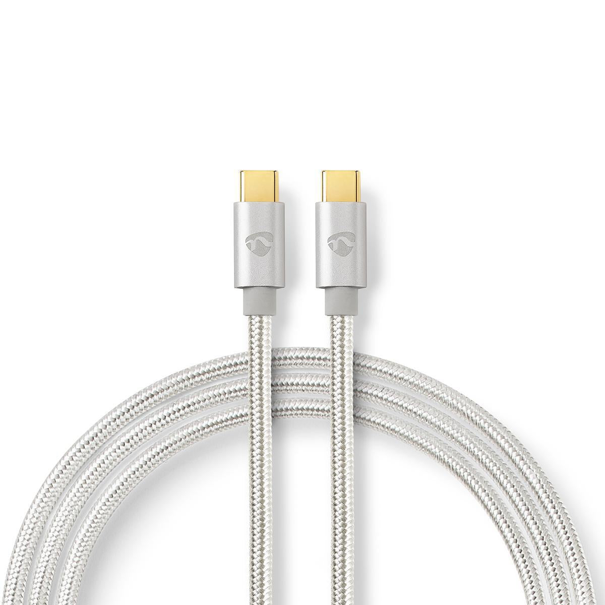 USB cable | USB 2.0 | USB-C™ Male | USB-C™ Male | 100 W | 480 Mbps | Gold Plated | 1.00 m | Round | Braided / Nylon | Silver | Carton with covered window