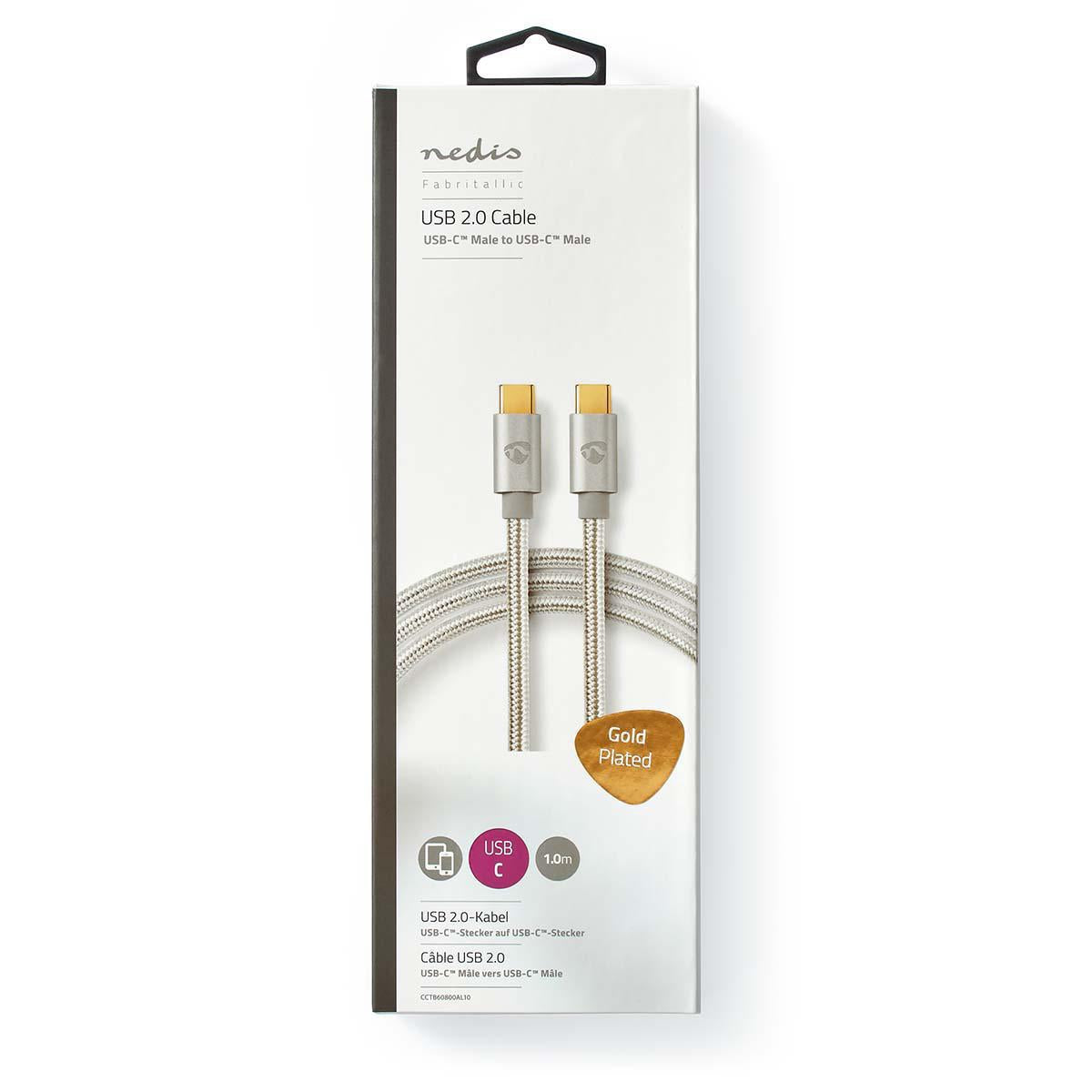 USB cable | USB 2.0 | USB-C™ Male | USB-C™ Male | 100 W | 480 Mbps | Gold Plated | 1.00 m | Round | Braided / Nylon | Silver | Carton with covered window
