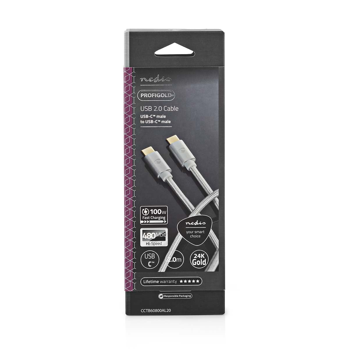 USB cable | USB 2.0 | USB-C™ Male | USB-C™ Male | 100 W | 480 Mbps | Gold Plated | 2.00 m | Round | Braided / Nylon | Silver | Carton with covered window