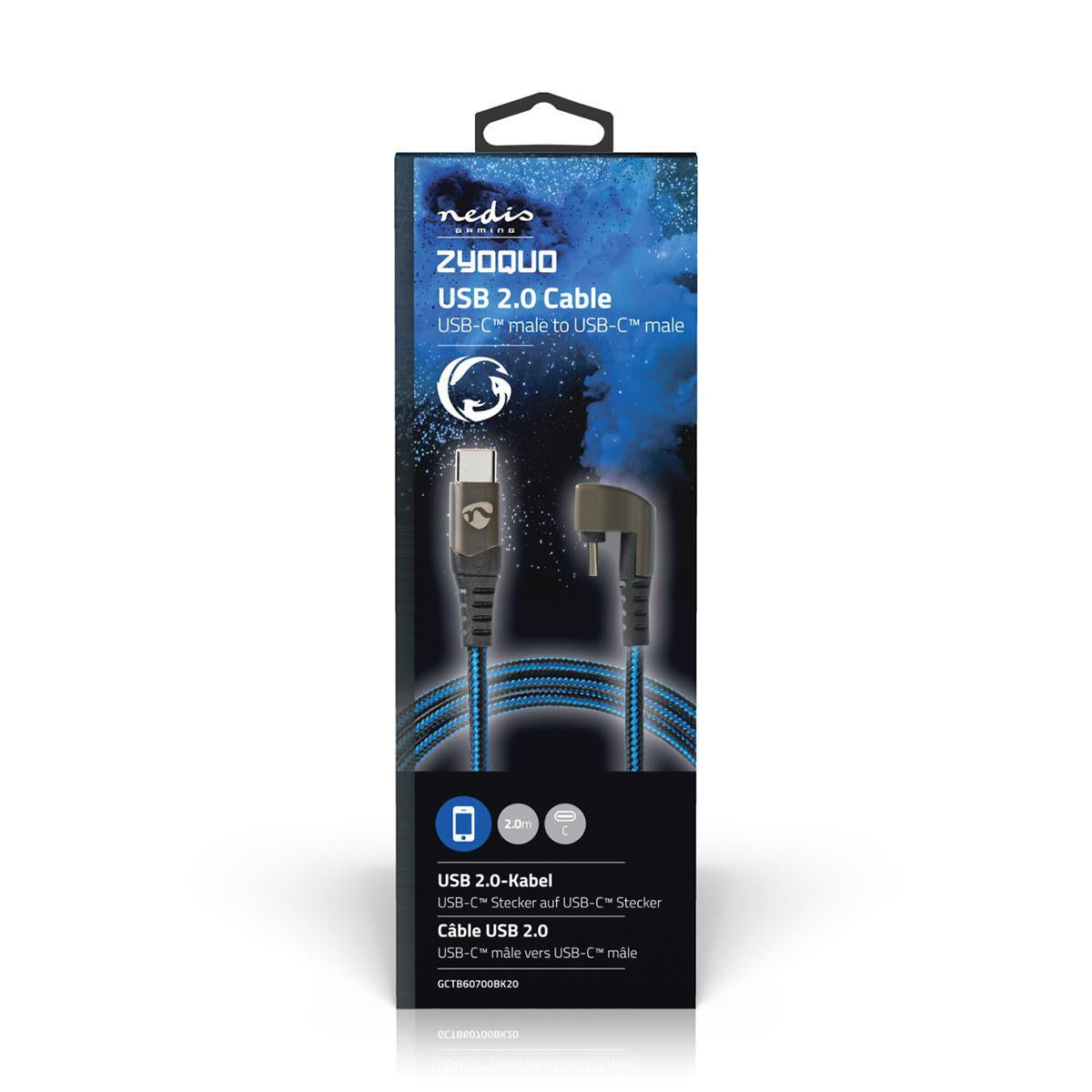 USB cable | USB 2.0 | USB-C™ Male | USB-C™ Male | 480 Mbps | Gold Plated | 2.00 m | Round | Braided / Nylon | Blue / Black | Carton with covered window