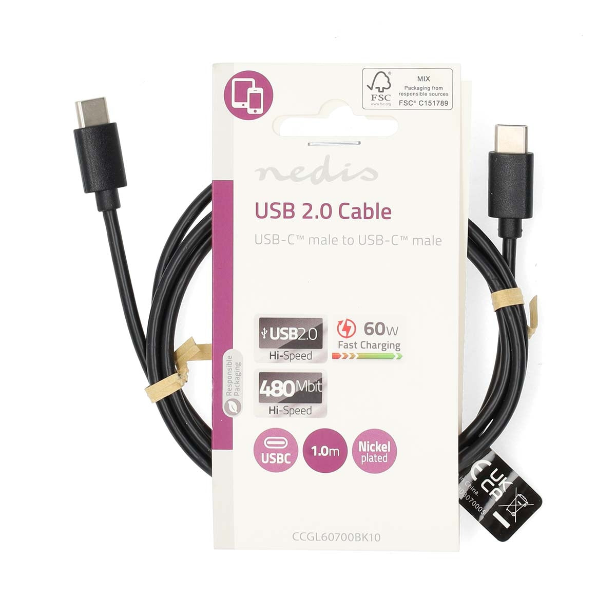 USB cable | USB 2.0 | USB-C™ Male | USB-C™ Male | 60 W | 480 Mbps | Nickel Plated | 1.00 m | Round | PVC | Black | Label