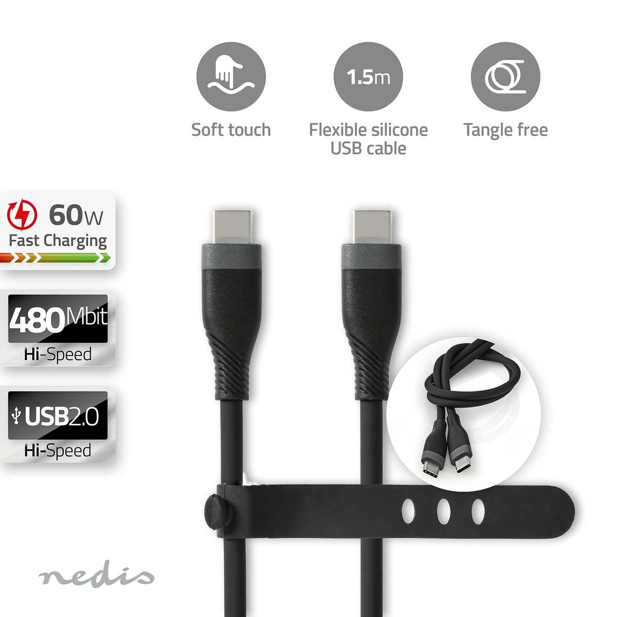 USB cable | USB 2.0 | USB-C™ Male | USB-C™ Male | 60 W | 480 Mbps | Nickel Plated | 1.50 m | Round | Silicone | Black | Box
