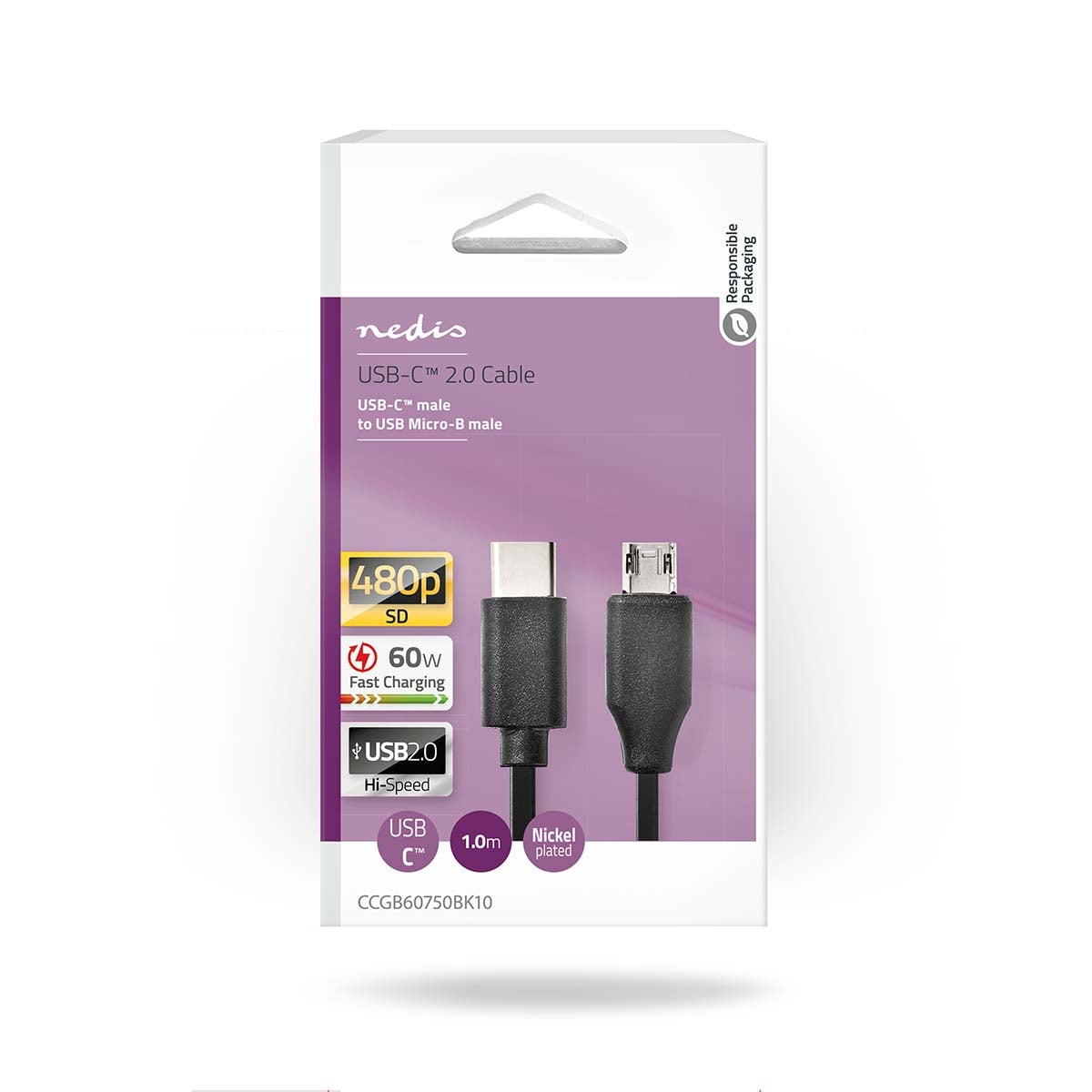 USB cable | USB 2.0 | USB-C™ Male | USB Micro-B Male | 60 W | 480 Mbps | Nickel Plated | 1.00 m | Round | PVC | Black | Blisters