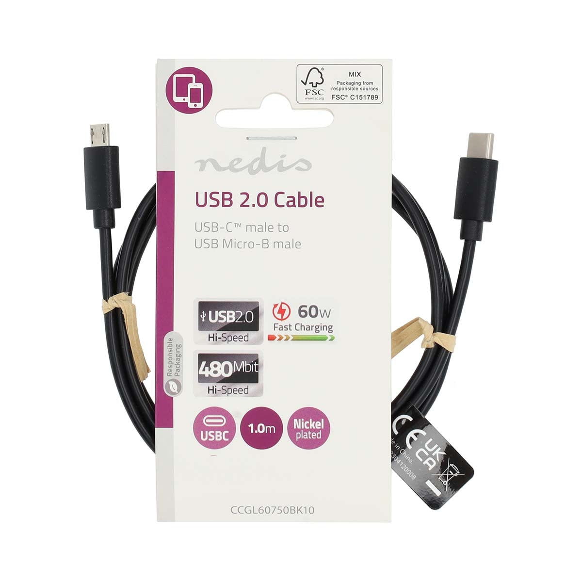 USB cable | USB 2.0 | USB-C™ Male | USB Micro-B Male | 60 W | 480 Mbps | Nickel Plated | 1.00 m | Round | PVC | Black | Label