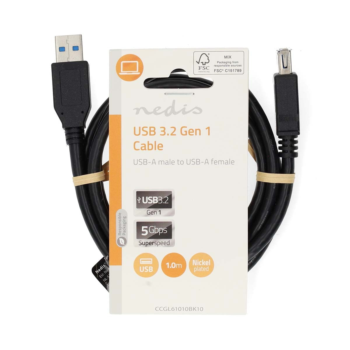 USB cable | USB 3.2 Gen 1 | USB-A Male | USB-A Female | 5 Gbps | Nickel Plated | 1.00 m | Round | PVC | Black | Label