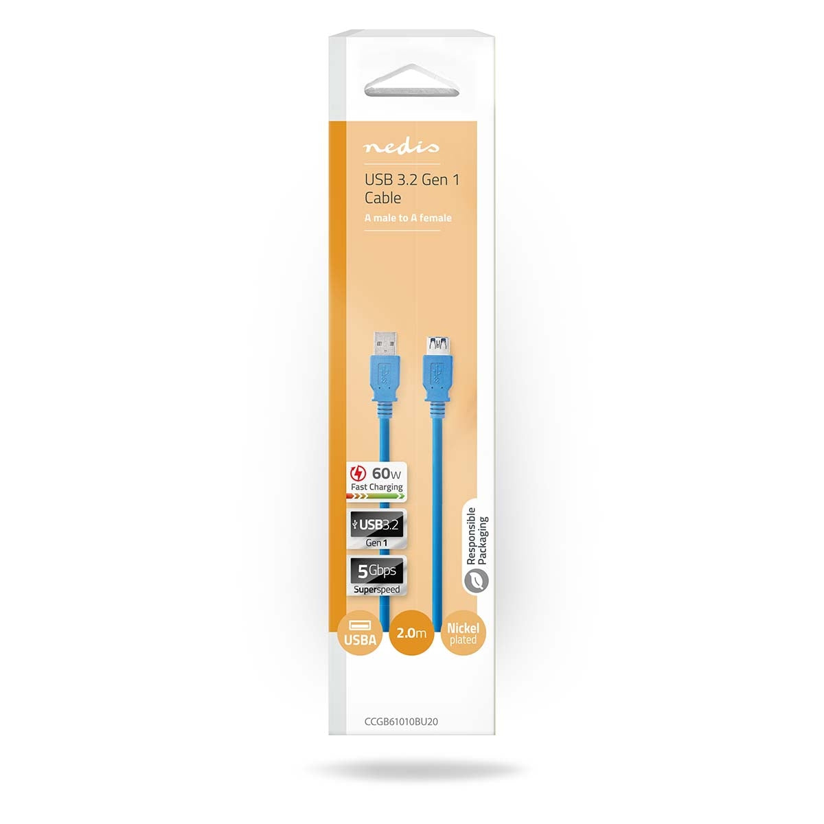 USB cable | USB 3.2 Gen 1 | USB-A Male | USB-A Female | 5 Gbps | Nickel Plated | 2.00 m | Round | PVC | Blue | Box