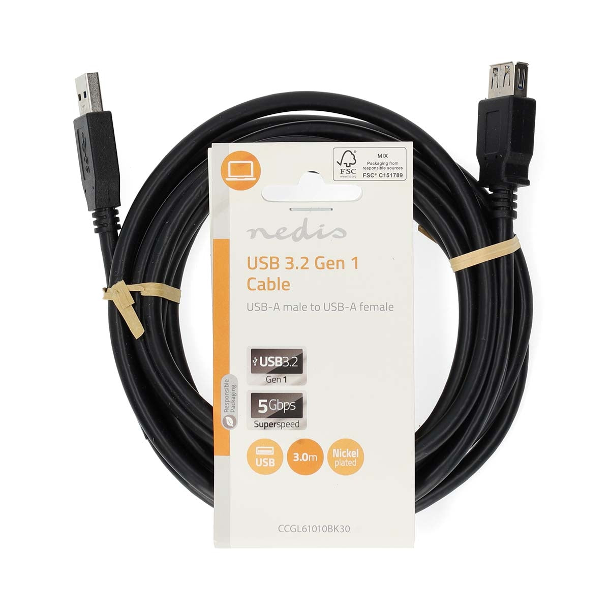 USB cable | USB 3.2 Gen 1 | USB-A Male | USB-A Female | 5 Gbps | Nickel Plated | 3.00 m | Round | PVC | Black | Label