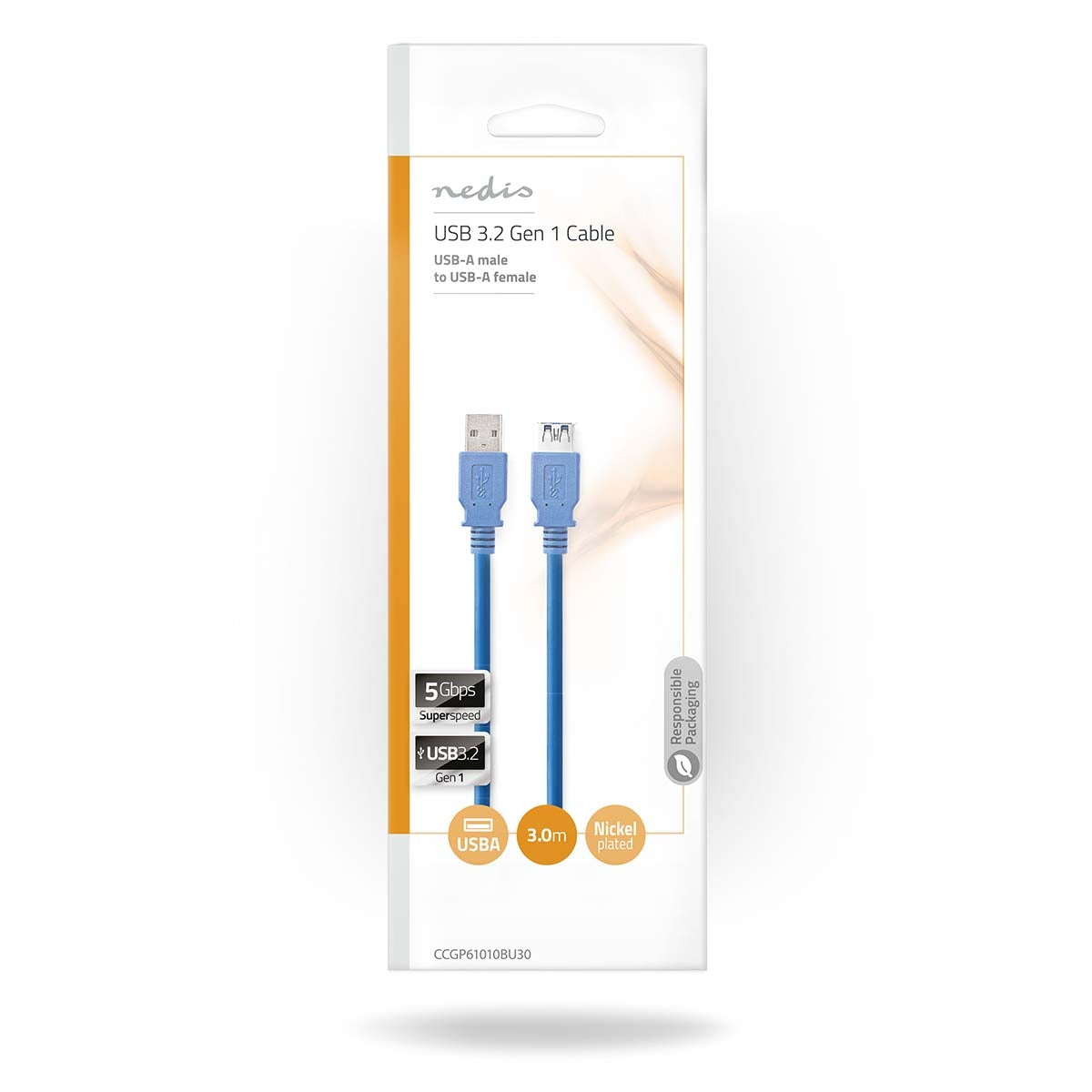 USB cable | USB 3.2 Gen 1 | USB-A Male | USB-A Female | 5 Gbps | Nickel Plated | 3.00 m | Round | PVC | Blue | Envelope