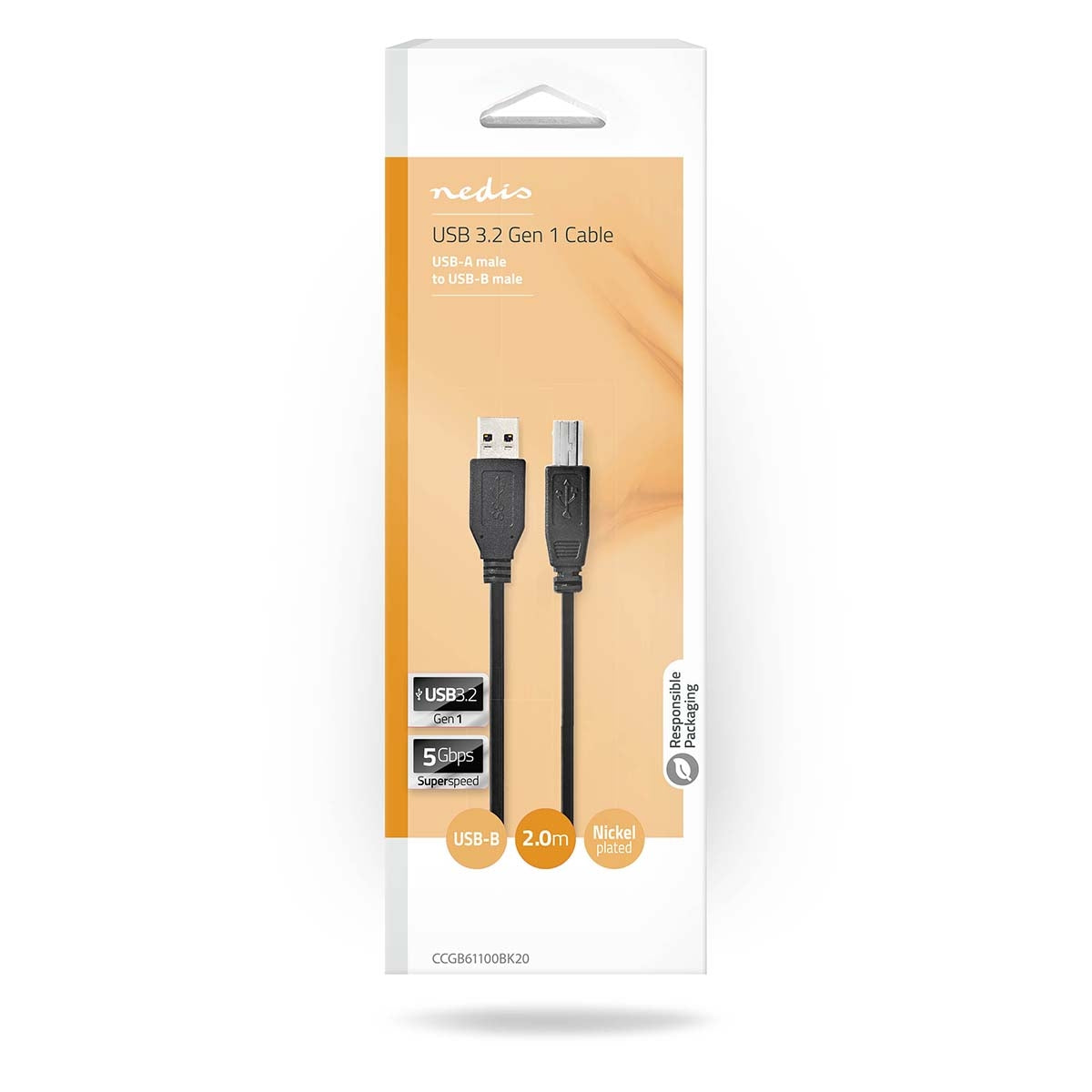 USB cable | USB 3.2 Gen 1 | USB-A Male | USB-B Male | 5 Gbps | Nickel Plated | 2.00 m | Round | PVC | Black | Box