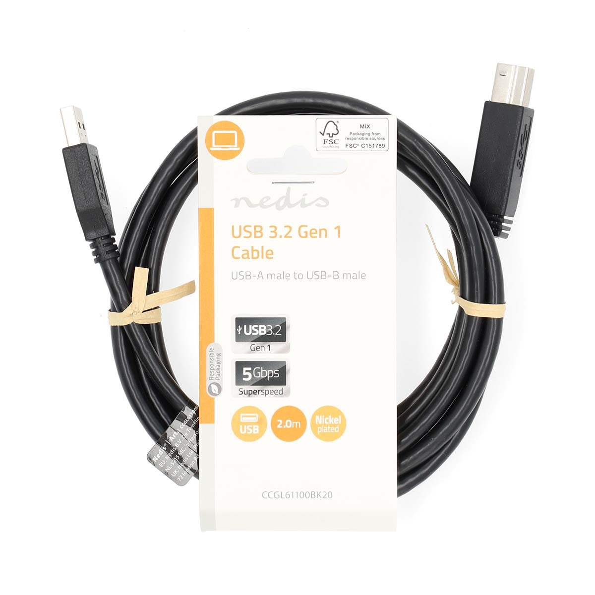 USB cable | USB 3.2 Gen 1 | USB-A Male | USB-B Male | 5 Gbps | Nickel Plated | 2.00 m | Round | PVC | Black | Label