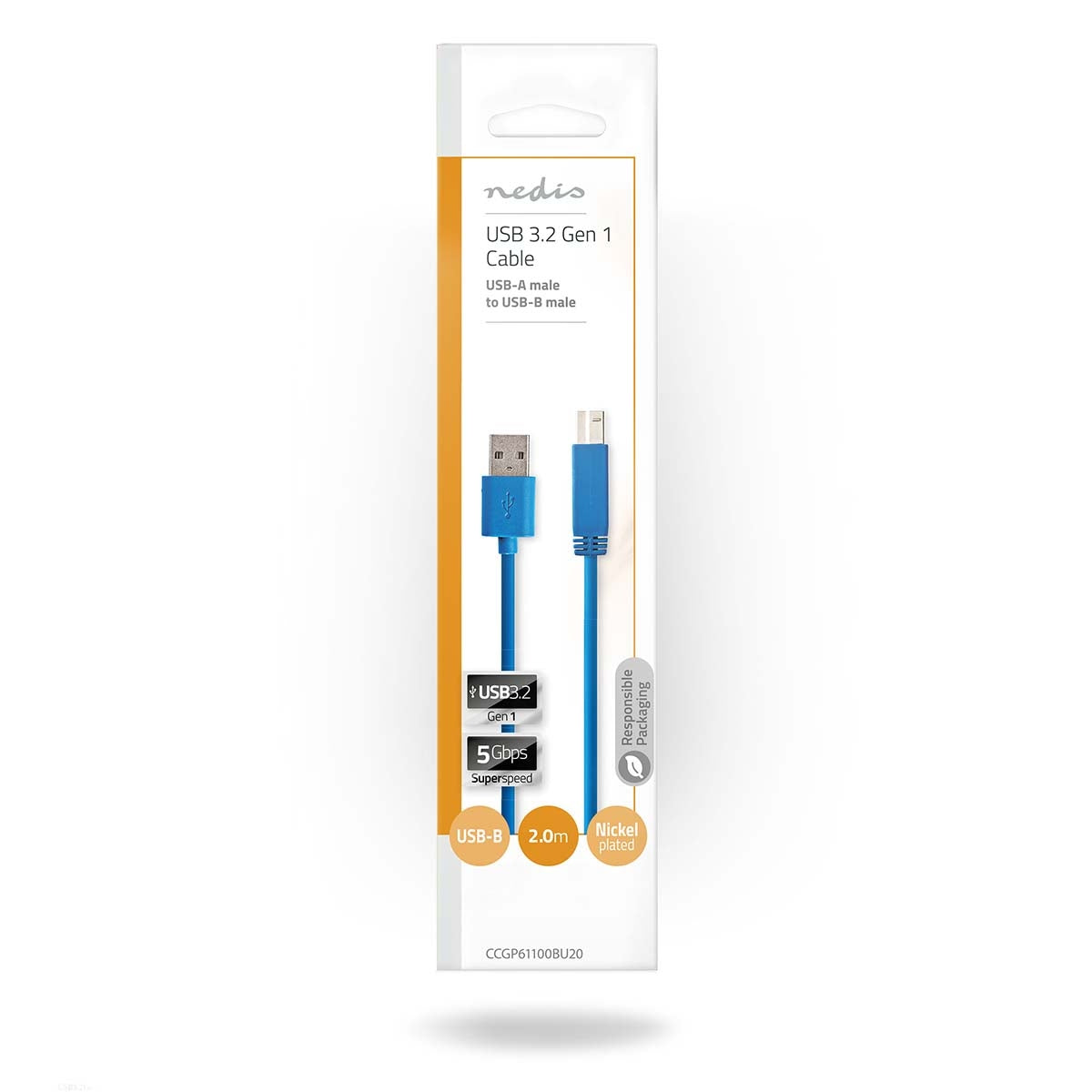 USB cable | USB 3.2 Gen 1 | USB-A Male | USB-B Male | 5 Gbps | Nickel Plated | 2.00 m | Round | PVC | Blue | Envelope