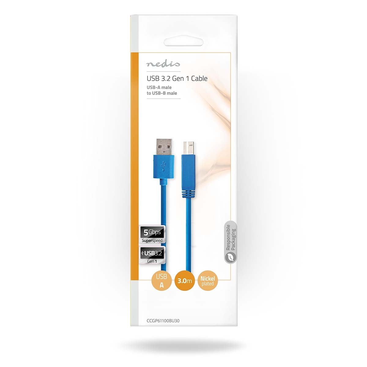 USB cable | USB 3.2 Gen 1 | USB-A Male | USB-B Male | 5 Gbps | Nickel Plated | 3.00 m | Round | PVC | Blue | Plastic bag