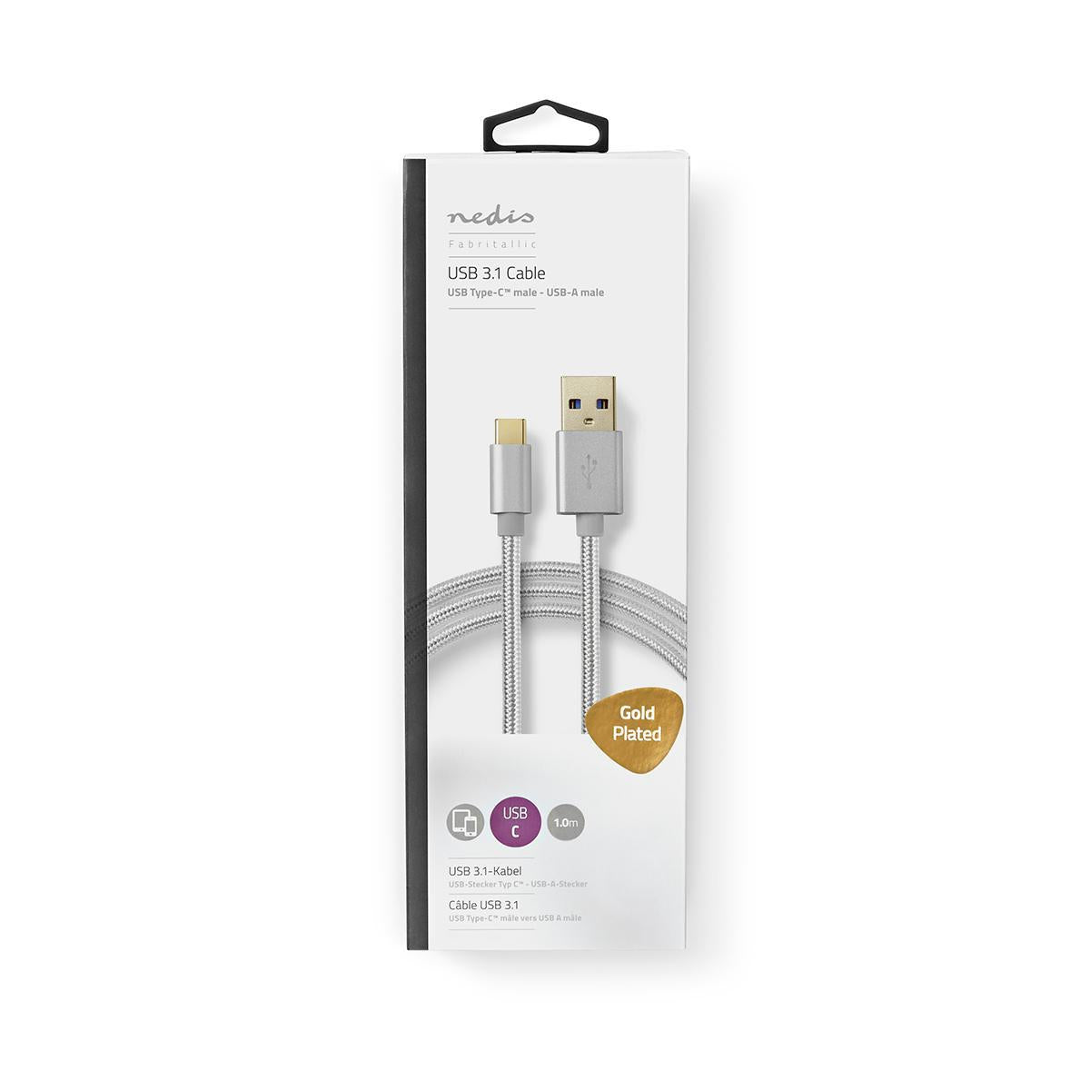 USB cable | USB 3.2 Gen 1 | USB-A Male | USB-C™ Male | 15 W| 5 Gbps | Gold Plated | 1.00 m | Round | Braided / Nylon | Aluminum | Carton with covered window