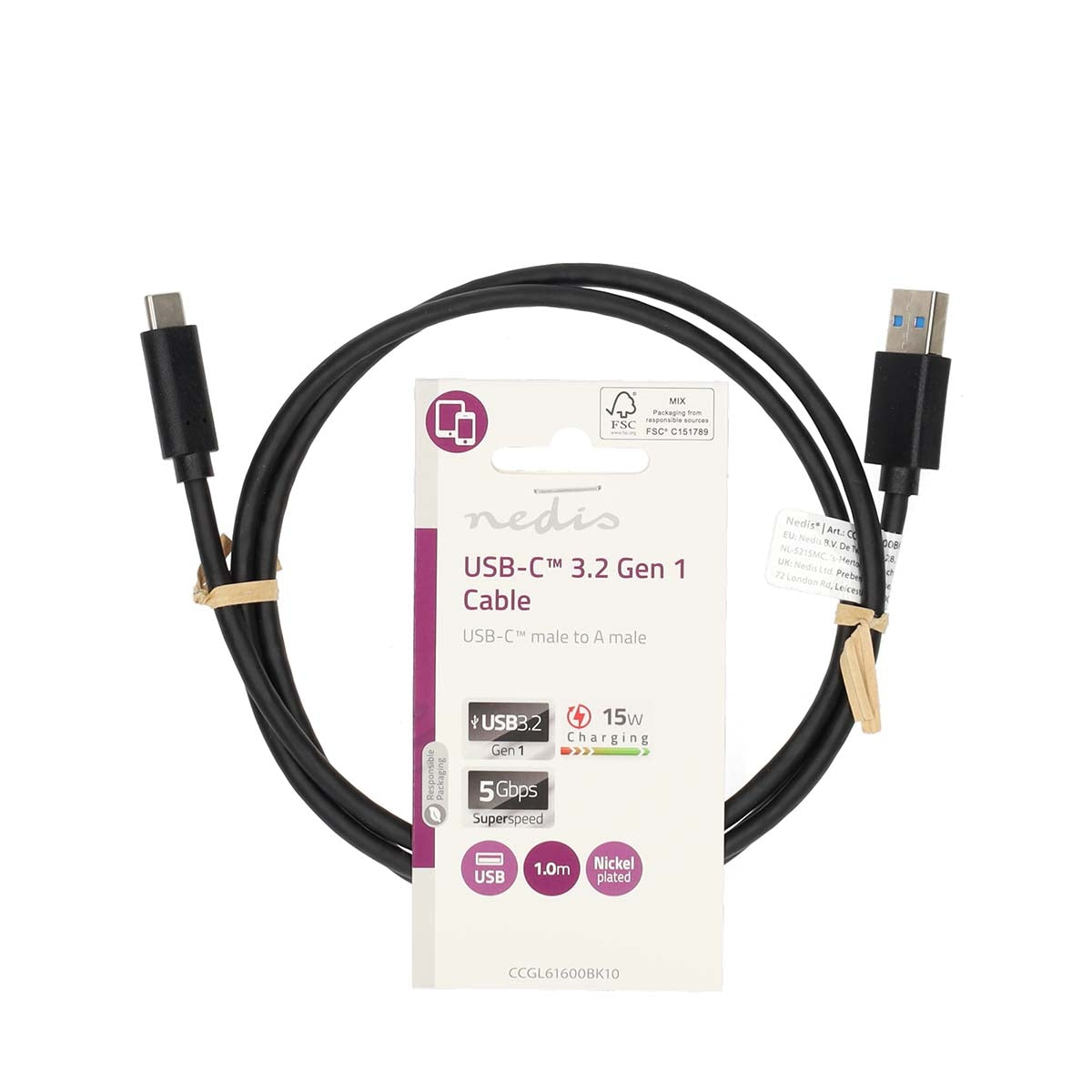 USB cable | USB 3.2 Gen 1 | USB-A Male | USB-C™ Male | 15 W| 5 Gbps | Nickel Plated | 1.00 m | Round | PVC | Black | Label