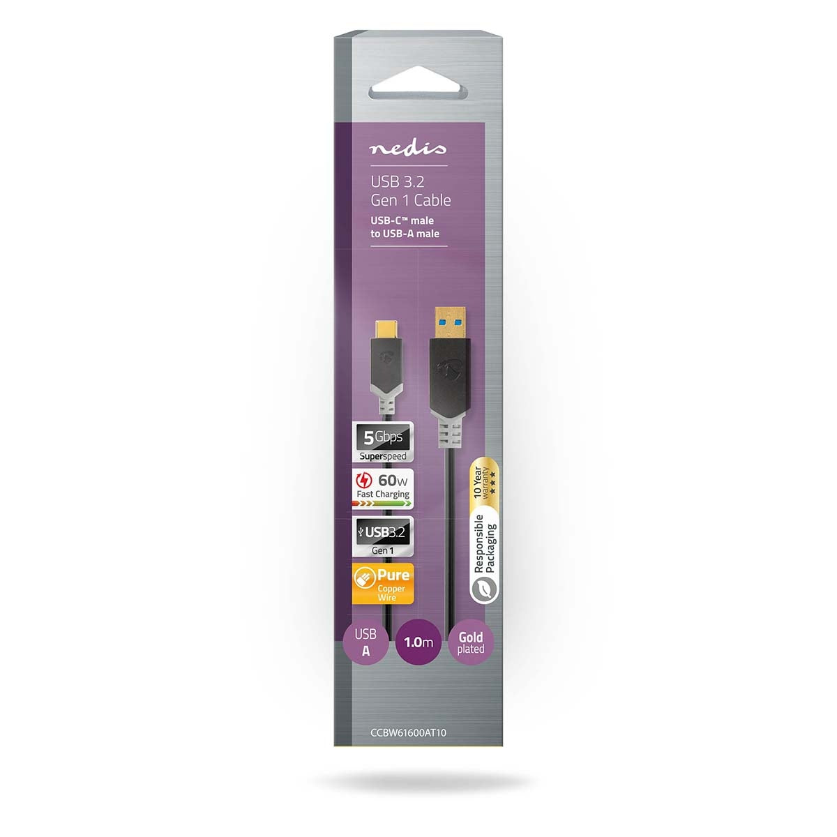 USB cable | USB 3.2 Gen 1 | USB-A Male | USB-C™ Male | 60 W | 5 Gbps | Gold Plated | 1.00 m | Round | PVC | Anthracite | Cardboard box with window