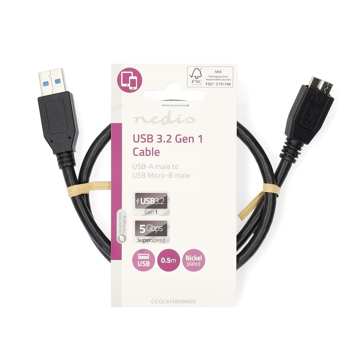 USB cable | USB 3.2 Gen 1 | USB-A Male | USB Micro-B Male | 5 Gbps | Nickel Plated | 0.50 m | Round | PVC | Black | Label