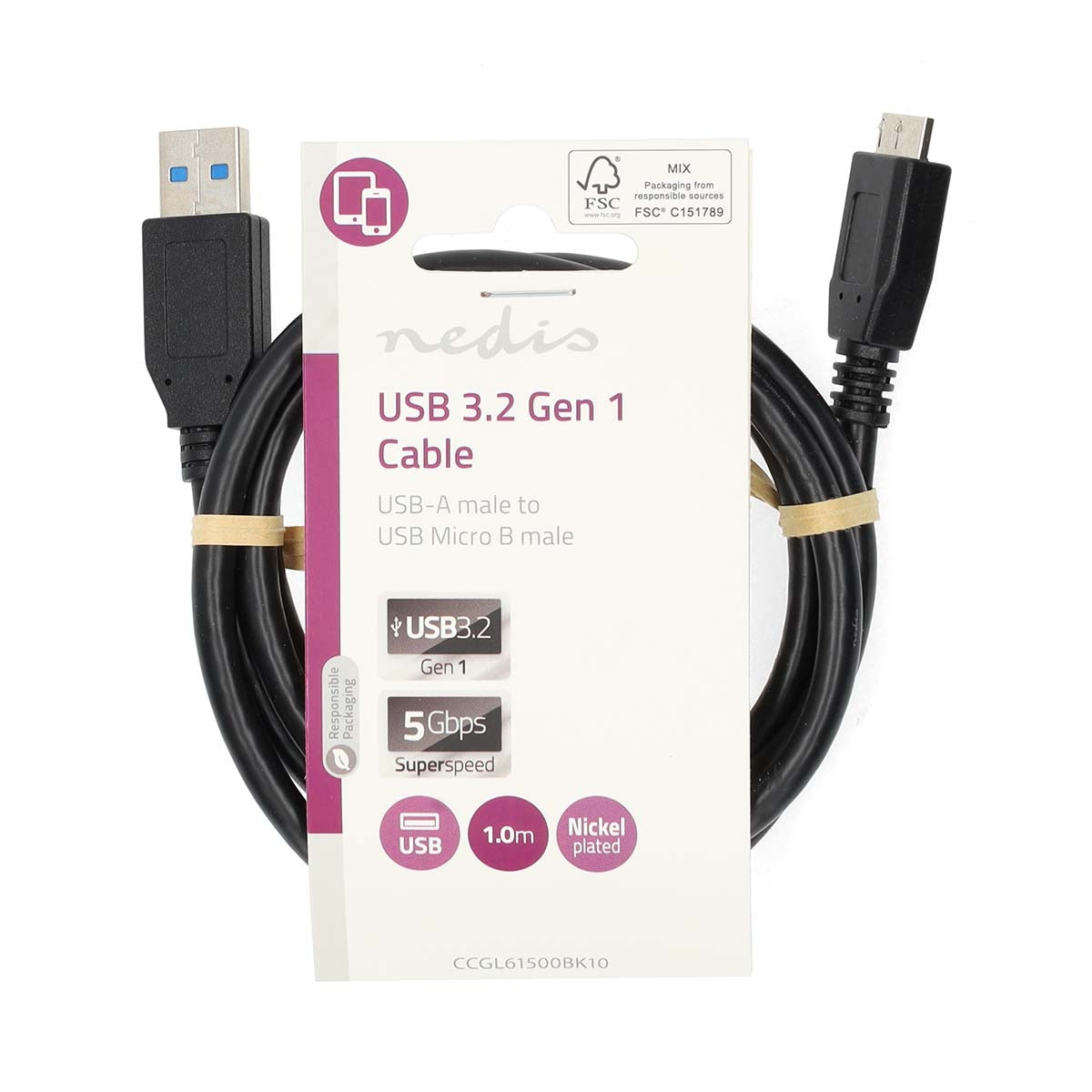 USB cable | USB 3.2 Gen 1 | USB-A Male | USB Micro-B Male | 5 Gbps | Nickel Plated | 1.00 m | Round | PVC | Blue | Label