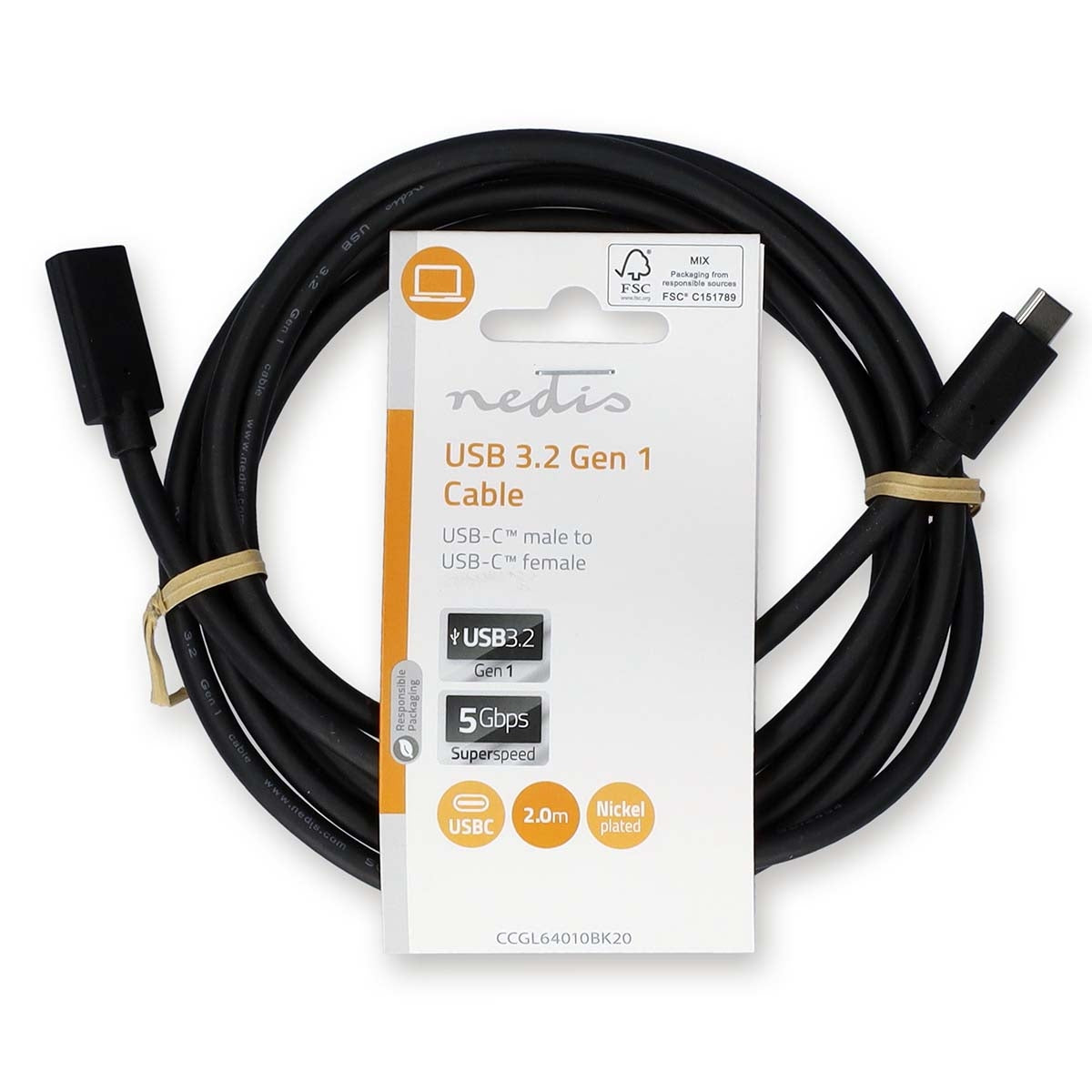 USB cable | USB 3.2 Gen 1 | USB-C™ Male | USB-C™ Female | 60 W | 4K@60Hz | 5 Gbps | Nickel Plated | 2.00 m | Round | PVC | Black | Label