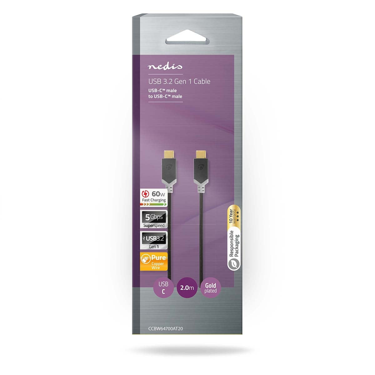 USB cable | USB 3.2 Gen 1 | USB-C™ Male | USB-C™ Male | 60 W | 4K@60Hz | 5 Gbps | Gold Plated | 2.00 m | Round | PVC | Black | Box